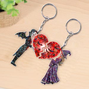 Halloween Couple Keychain - Vampire and Witch Split Heart Keyring, Gothic Love Gift, Spooky Anniversary Keepsake
