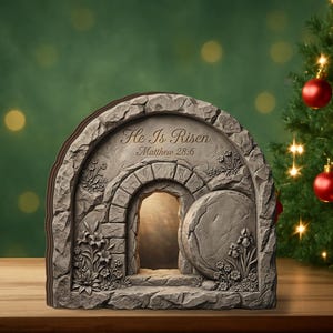 He Is Risen Empty Tomb Wooden Block: Religious Easter Shelf Decor, Matthew 28 6