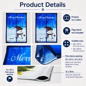 May include: A rectangular garden flag featuring a snowman in a red hat and scarf against a snowy blue background with the text Merry Christmas. The flag includes a pole sleeve opening and is available in 12x18, 28x40, and 36x60 inch sizes.