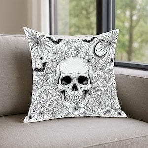 Black and White Skull Floral Pillow – Gothic Botanical Cushion Cover – Skull and Flowers Halloween Decor – Tattoo Style Art Throw Pillow