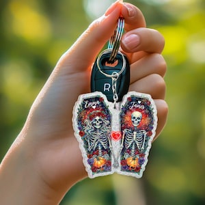 Skeleton Couple Keychain, Personalized Coffin Split Keyring, Gothic Halloween Gift for Couples, Day of the Dead Skeleton Love Keychain