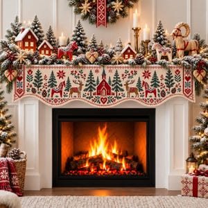 May include: A cream-colored fireplace mantel runner featuring a red and green folk-art pattern of pine trees, reindeer, horses, and a central church. The fabric is decorated with geometric borders, hearts, and snowflakes.