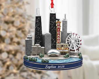 Personalized Chicago Skyline Ornament – Custom Name & Year – Christmas Tree Decoration – Windy City Keepsake Gift