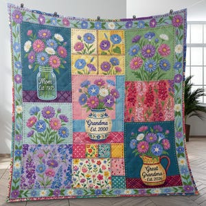 Personalized Generational Birth Flower Quilt Blanket: Custom Mom Grandma Est Year
