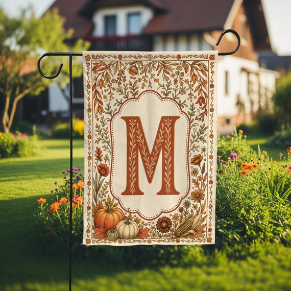 Monogram Garden Flag Autumn Pumpkin Floral Yard Banner Cottagecore Outdoor Decor