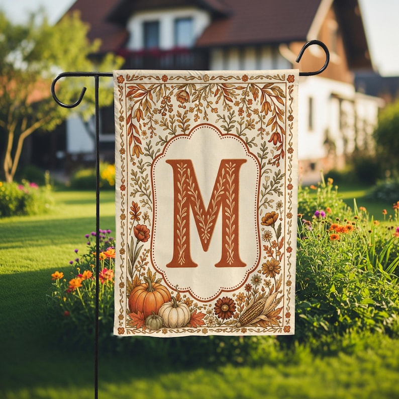 Monogram Garden Flag Autumn Pumpkin Floral Yard Banner Cottagecore Outdoor Decor image 1