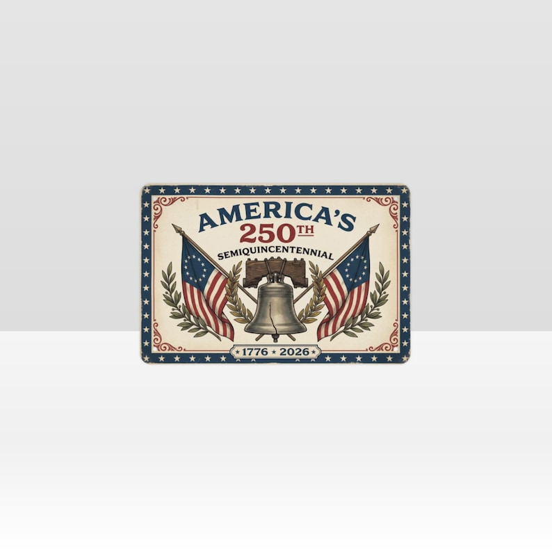 May include: Rectangular sign with a vintage design celebrating America's 250th anniversary. Features the text "America's 250th Semiquincentennial" with the years 1776-2026. Includes illustrations of flags, a bell, and stars.