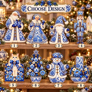 May include: A collection of eight decorative Christmas ornaments featuring blue and white porcelain-style patterns. The designs include Santa, a woman, a gnome, a nutcracker, a cat, a tree, a snowman, and a candle, all labeled 1 through 8.