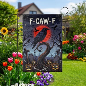 Funny Raven Halloween Garden Flag – F-CAW-F Crow Yard Decor – Spooky Gothic Cemetery Banner – Scary Fall Outdoor Decoration