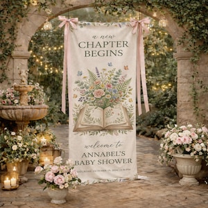 Puede incluir: Una pancarta crema con el texto "a new CHAPTER BEGINS" y "welcome to ANNABEL'S BABY SHOWER". La pancarta presenta un libro abierto con ilustraciones florales y mariposas. También se muestra la fecha y hora del baby shower.