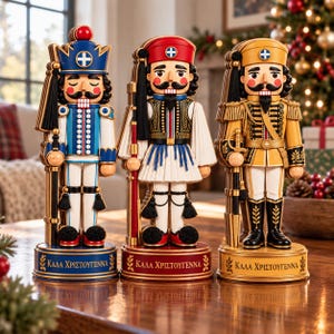 May include: Three wooden nutcracker figurines standing on circular bases with the Greek text "ΚΑΛΑ ΧΡΙΣΤΟΥΓΕΝΝΑ" printed on each. The left figure wears blue, the center wears red and white traditional attire, and the right figure wears gold, all featuring black mustaches.