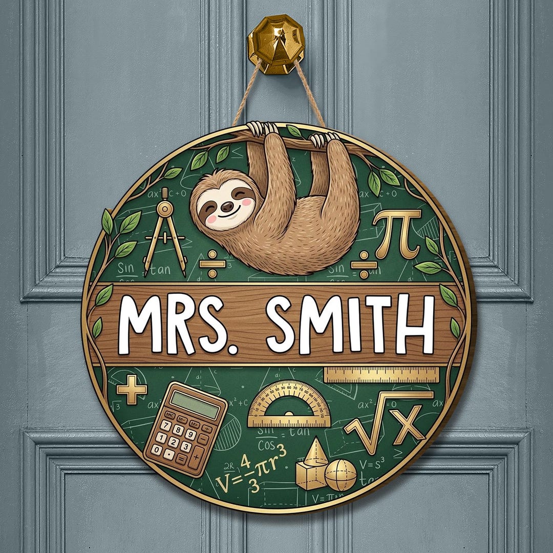 Personalized Math Teacher Wooden Sign: Custom Sloth Classroom Door ...