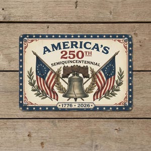 May include: Rectangular metal sign with a vintage design celebrating America's 250th anniversary. The sign features the text "America's 250th Semiquincentennial" with two American flags, a Liberty Bell, and the years 1776 and 2026.