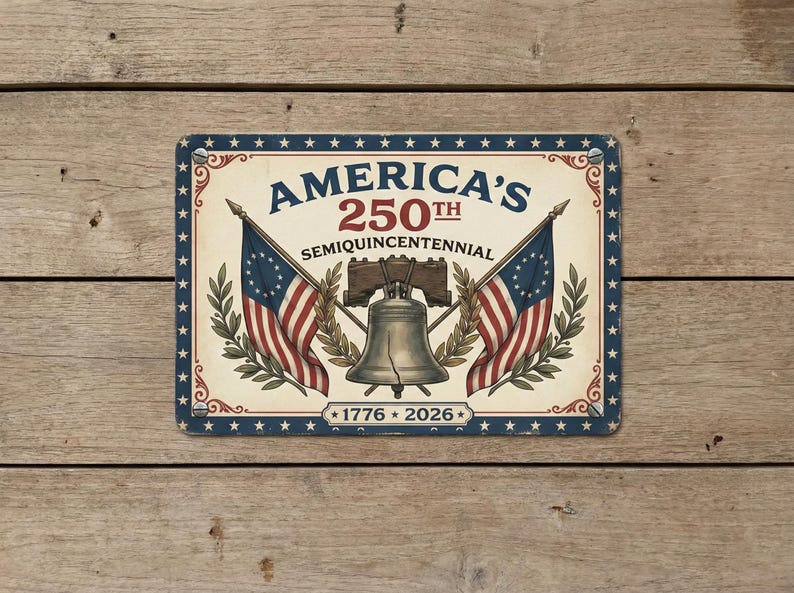 May include: Rectangular metal sign with a vintage design celebrating America's 250th anniversary. The sign features the text "America's 250th Semiquincentennial" with two American flags, a Liberty Bell, and the years 1776 and 2026.