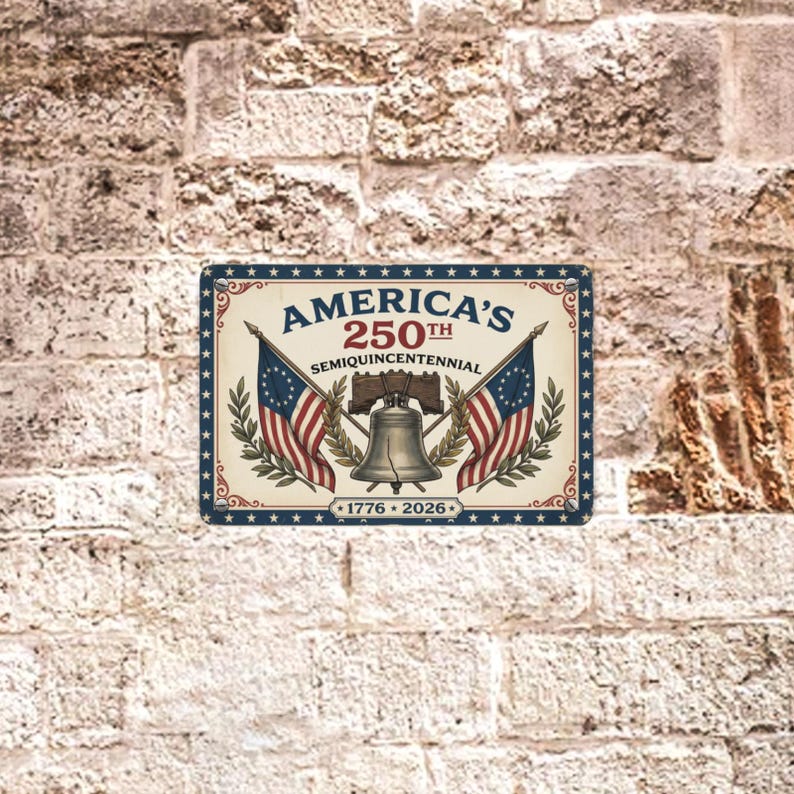 May include: Rectangular sign with the text "AMERICA'S 250TH SEMIQUICENTENNIAL" and the years 1776-2026. The sign features two American flags, a bell, and decorative elements in red, white, and blue.