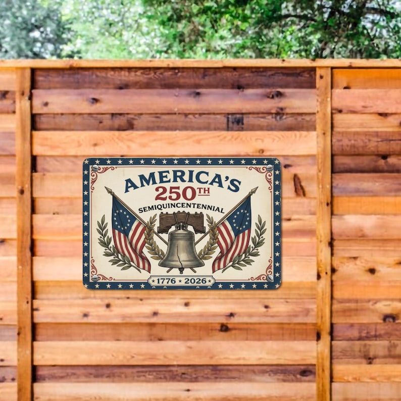 May include: A rectangular metal sign with a patriotic design. The sign features the text "America's 250th Semiquincentennial" with the years 1776-2026. It includes illustrations of American flags and the Liberty Bell, with a blue and red color scheme.