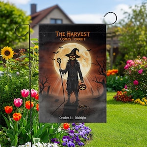 The Harvest Comes Tonight Garden Flag – Scary Pumpkin Scarecrow Halloween Yard Decor – Full Moon October 31 Spooky Outdoor Banner