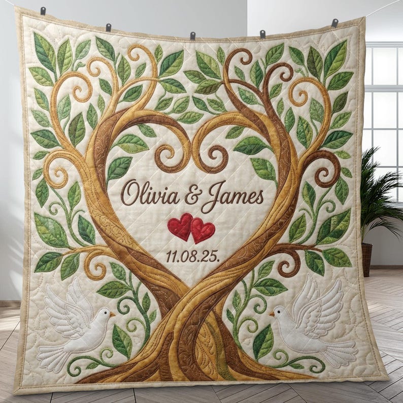 May include: A beige quilted blanket featuring a tree design with a heart-shaped center. The tree has brown branches, green leaves, and the names "Olivia & James" with the date "11.08.25". Two white doves are at the bottom.