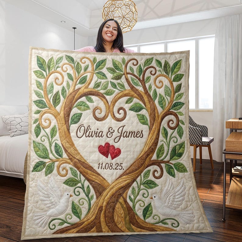 May include: A personalized beige quilt featuring a tree design with a heart-shaped center. The quilt includes the names "Olivia & James", two red hearts, and the date "11.08.25". Two white doves are at the bottom.