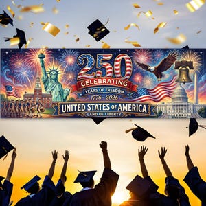 May include: A banner celebrating 250 years of freedom in the United States of America, from 1776 to 2026. The banner features the Statue of Liberty, the Capitol Building, an American flag, and an eagle. Graduates throw their caps in the air.