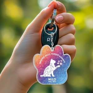 Pet Memorial Keychain, Custom Cat Paw Print Keyring with Name and Dates, Pet Loss Remembrance Gift, Personalized Rainbow Bridge Keychain