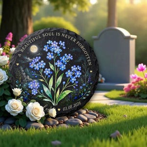 May include: A round, black memorial stone with the inscription "A BEAUTIFUL SOUL IS NEVER FORGOTTEN." It features a floral design of blue forget-me-nots, a moon, and the date 03.08.2026. The stone is placed on a bed of small rocks.