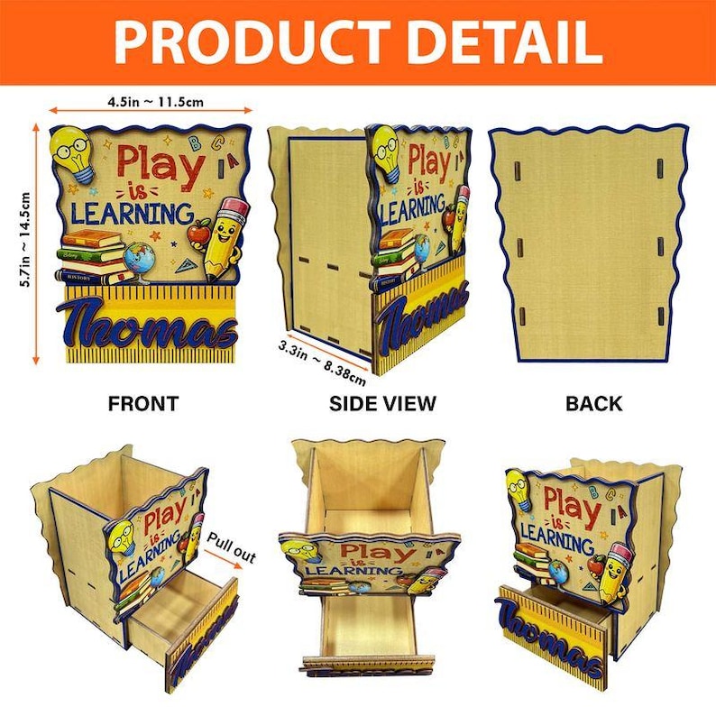 May include: A wooden desk organiser with the text "Play is Learning" and the name "Thomas". The organiser is 11.5 cm wide and 14.5 cm tall. It features a drawer and decorative elements like books, a globe, and a pencil.