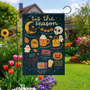 Cute Halloween Garden Flag – Tis the Season Fall Yard Flag – Pumpkin Spice Ghost Witch Decor – Spooky Outdoor Halloween Decoration