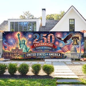 May include: A banner celebrating 250 years of American freedom, 1776-2026. The design features the Statue of Liberty, fireworks, an eagle, the Liberty Bell, and the U.S. Capitol building. The banner reads "United States of America, Land of Liberty."
