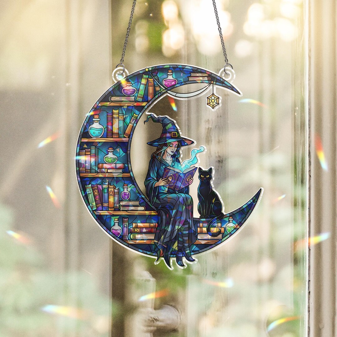 Witch and Cat Stained Glass Suncatcher – Crescent Moon Window Decor ...