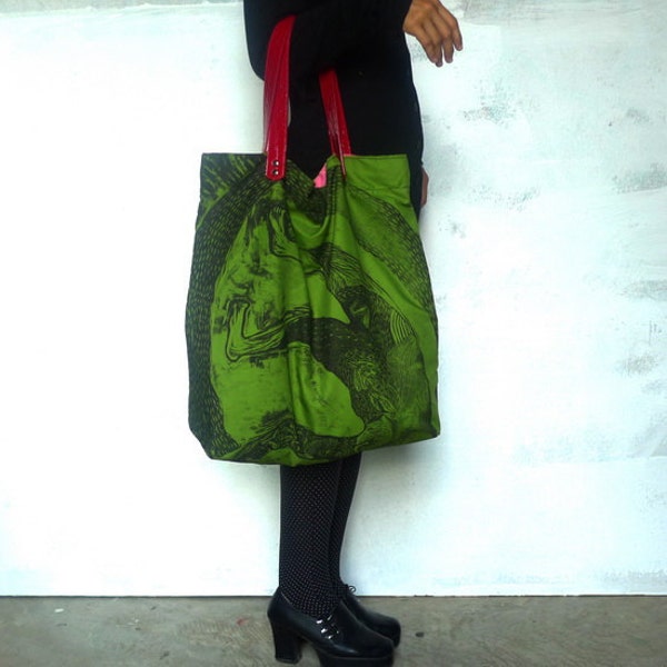 Fabric Bag Tote ( Handmade printed woodblock ) in Reverie of Happiness, Kasploy 090