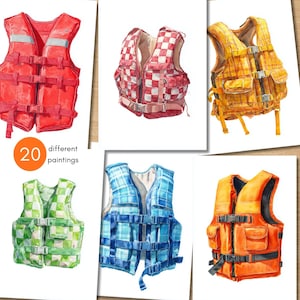 Könnte beinhalten: Aquarellmalereien von Schwimmwesten in verschiedenen Farben und Mustern, darunter Rot, kariert Rot und Weiß, Gelb, Grün, Blau und Orange. Der Text "20 different paintings" ist sichtbar.