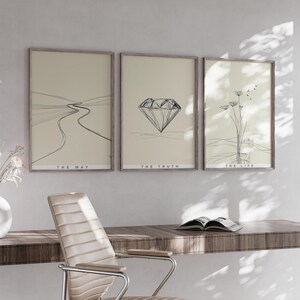 May include: Three framed art prints with minimalist line drawings. The prints feature a winding road labeled "THE WAY", a diamond labeled "THE TRUTH", and flowers labeled "THE LIFE". The frames are a light brown color.