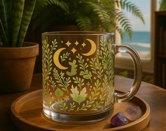 Frosted Glass Mug – Witchy Coffee Cup, Celestial Moon Stars Mug, Cottagecore Kitchen Gift