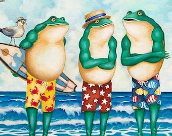 BUFF FROGS on BEACH Original Painting Fine Art Print | Surfer Dudes | Beach Bums | Beefcake