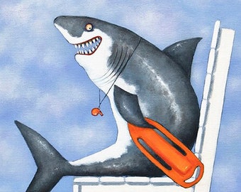 THE LIFEGUARD Original Fine Art Print | Shark | Beach Painting | Summer Fun