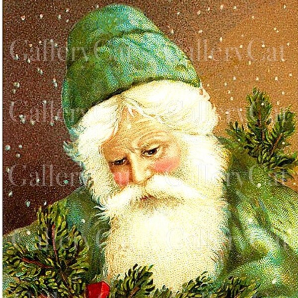 Beautiful SANTA in GREEN COAT Instant Download, Large Image for Wall Art, Fabric Transfer Download, Festive Christmas Decor, GalleryCat gc15