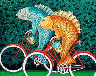 Fish on Bicycles Original Painting Fine Art Print | Pop Surrealism | Coastal Art | Fantasy Art