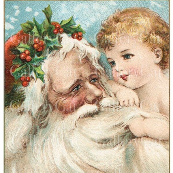 Santa and Child LARGE Digital Download, Christmas Illustration, Beautiful Holiday Image to Print for Cards, Wall Art, Pillows GalleryCat GC9