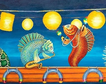 PARTY BOAT | Fine Art Print | Fantastical Fish Painting | Whale of A Time | Artist Signed | Fish Tale Studio