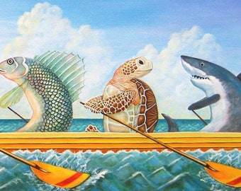 Fish Crew Team Painting | Fine Art Print | Rowing | Regattas | Beautiful Coastal Wall Art | Artist Signed Giclee
