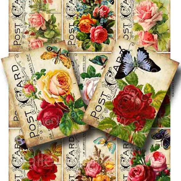 Victorian Roses with Butterfly on Old Postcard Digital Collage Sheet Instant Download for Paper Crafts Tags Art Projects GalleryCat CS13