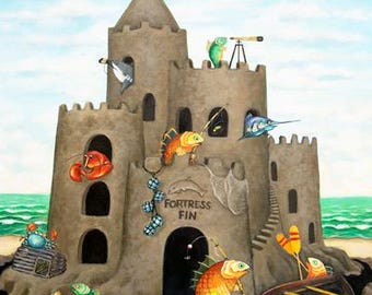 FORTRESS FIN | Original Fine Art Print | Sandcastle | Fun Beach Wall Art | Fish Painting