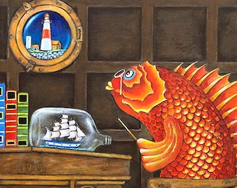 MIDNIGHT AT MONTAUK | Fine Art Print | Fish Captain | Ship in a Bottle | Nautical Painting | Boat | Wall Art