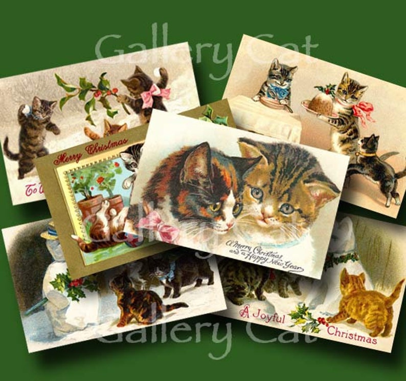 CHRISTMAS CAT Digital Collage Sheet Instant Download Scrapbooking Paper Tags Card Original Whimsical Altered Art by GalleryCat CS145 image 1