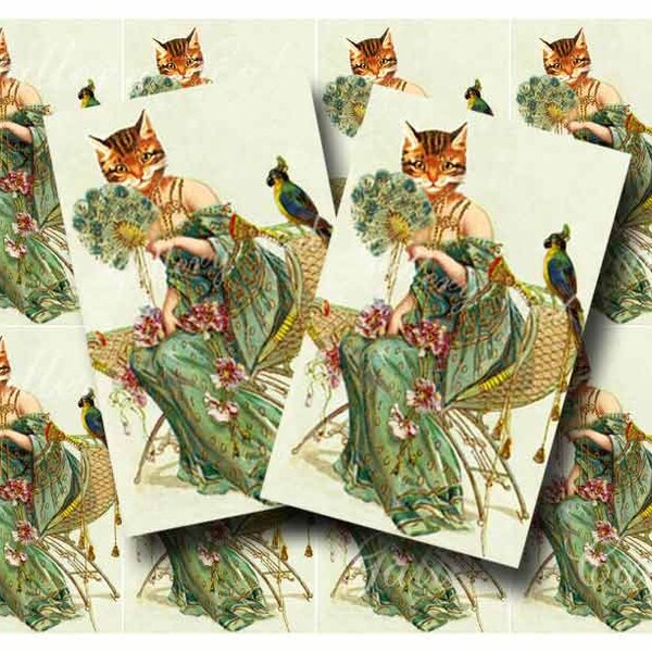 VINTAGE CAT with Fan Digital Collage Sheet Instant Download for Paper Crafts Card Tags Original Whimsical Altered Art by GalleryCat CS138