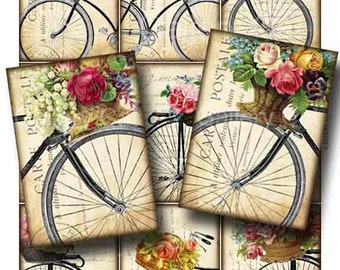 Antique Bicycle with Basket of Roses Digital Collage Sheet Instant Download Original Whimsical Altered Art by GalleryCat CS47