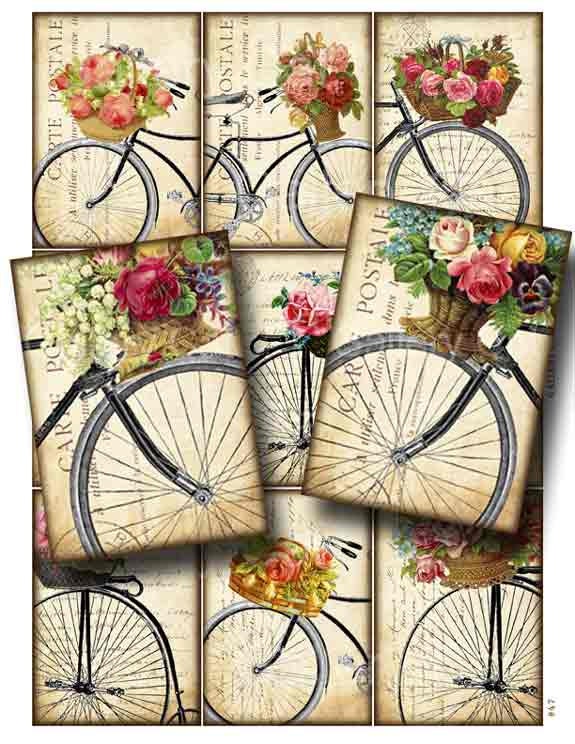 Antique Bicycle with Basket of Roses Digital Collage Sheet Instant Do…