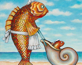 THE NANNY Fine Art Print | Fish Au Pair | Baby Stroller | Original Beach Art