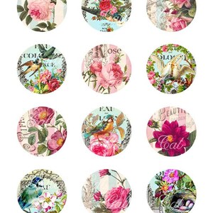 GARDEN PARADISE Digital Collage Sheet 2 Inch Circles for Jewelry Pendants Labels Magnets Paper Crafts Vintage Roses Birds GalleryCat CS213 image 2